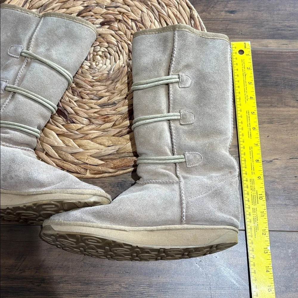 EMU Australia Merino Wool Line And Suede Tan Boots Hip Button Size 6 Run Big